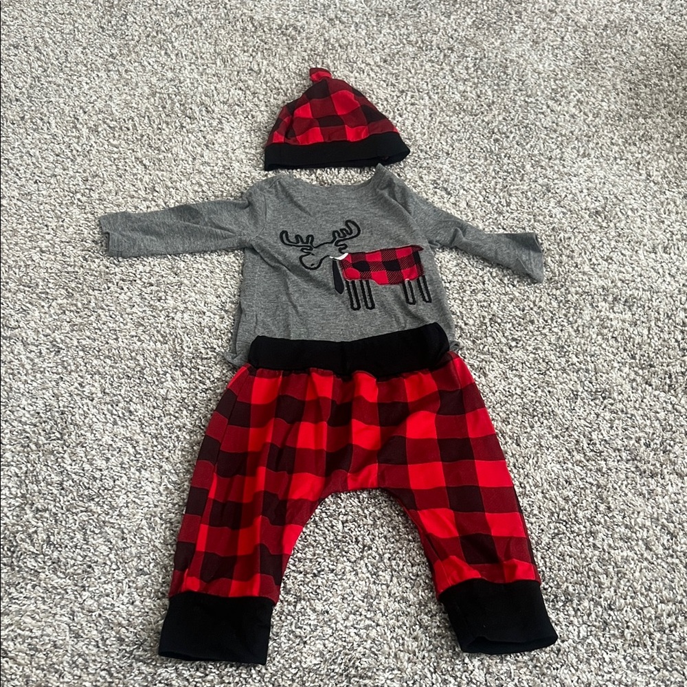 First Impressions Red and Gray Plaid Kids One Piece with Hat